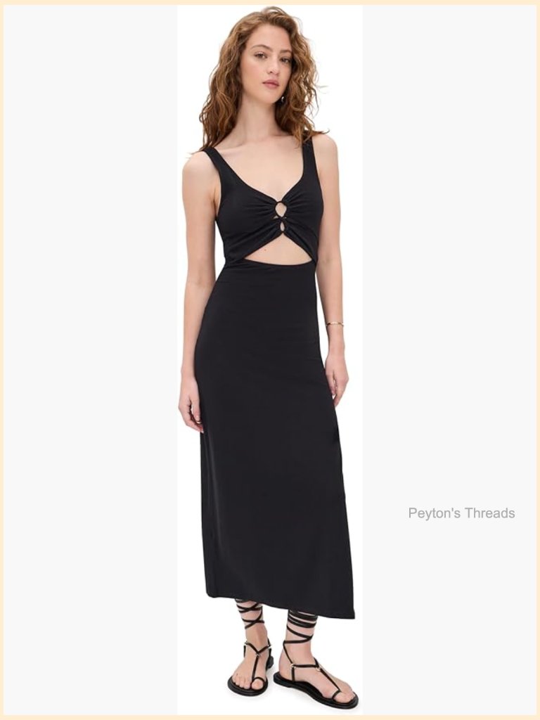 Fitted Ribbed Maxi Dress, Scoop Neck, Sleeveless, Side Slit, Waist Cutouts